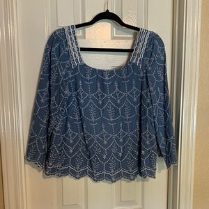 Caslon Blue Square-Neck Embroidered Peasant Top